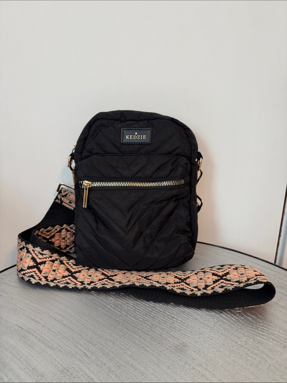 Kedzie Quilted Crossbody Bag in Black with Patterned Strap